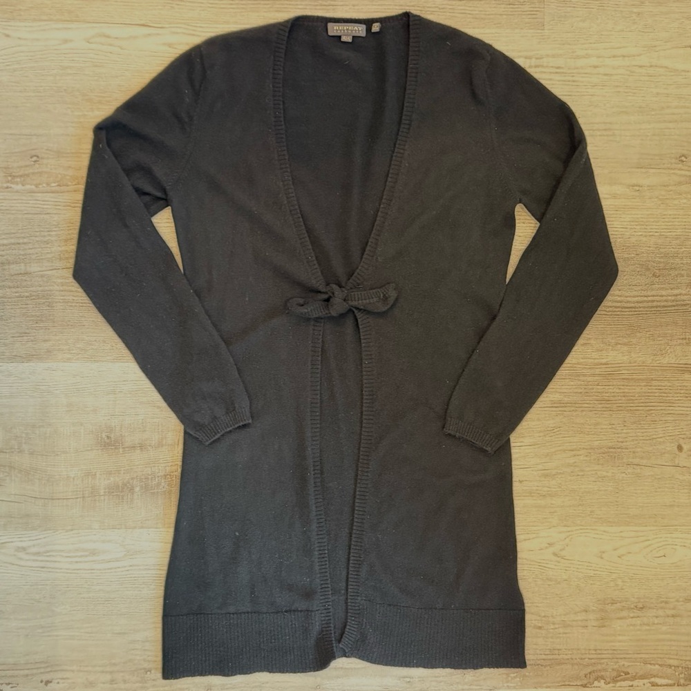 Repeat Cashmere Open Front with tie Long Sweater Black Womens size L EU 42